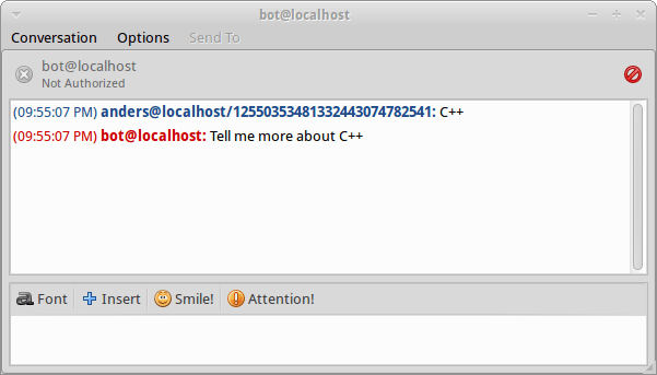 A Pidgin client talking to the bot